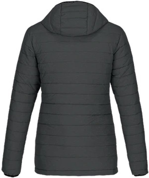 Am image of a Custom CX2 Yukon Ladies Long Lightweight Puffy Jacket in Black Charcoal Heather!