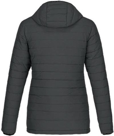 Am image of a Custom CX2 Yukon Ladies Long Lightweight Puffy Jacket in Black Charcoal Heather!
