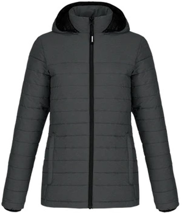 Am image of a Custom CX2 Yukon Ladies Long Lightweight Puffy Jacket in Black Charcoal Heather!