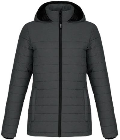 Am image of a Custom CX2 Yukon Ladies Long Lightweight Puffy Jacket in Black Charcoal Heather!