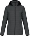 Am image of a Custom CX2 Yukon Ladies Long Lightweight Puffy Jacket in Black Charcoal Heather!