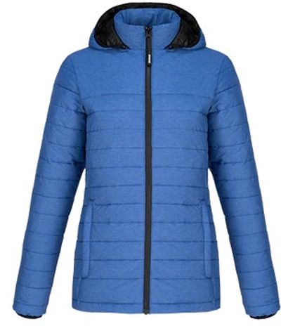 Am image of a Custom CX2 Yukon Ladies Long Lightweight Puffy Jacket in Blue Heather!