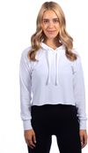 Am image of a Custom Next Level Ladies' Cropped Pullover Hooded Sweatshirt in Whtie!