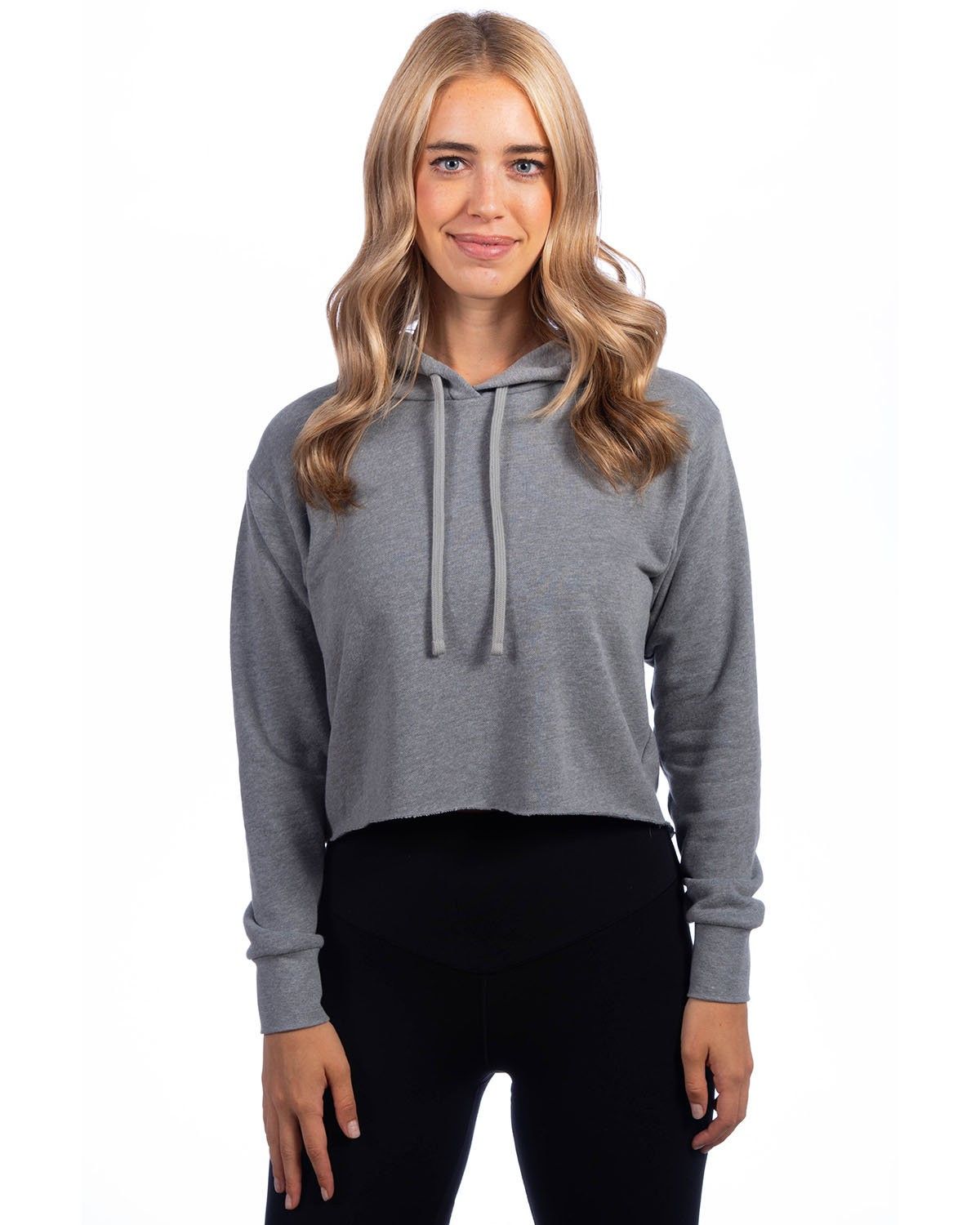 Next Level Ladies' Cropped Pullover Hooded Sweatshirt in Heather Gray