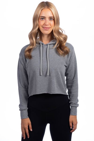 Am image of a Custom Next Level Ladies' Cropped Pullover Hooded Sweatshirt in Heather Gray!