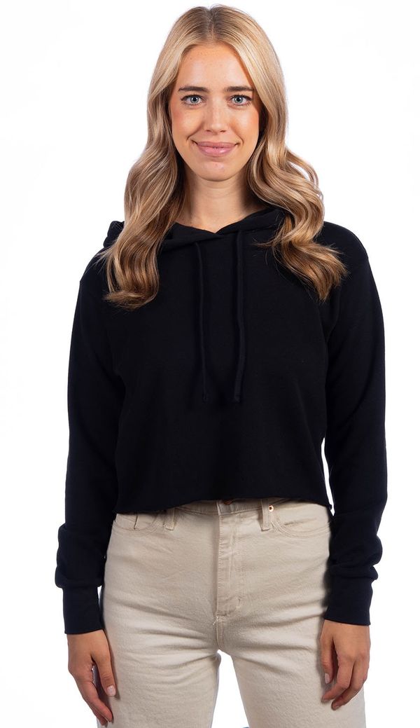 Am image of a Custom Next Level Ladies' Cropped Pullover Hooded Sweatshirt in Black!