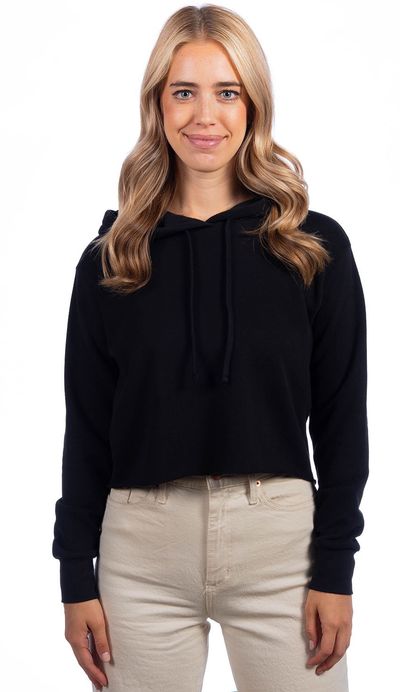 Am image of a Custom Next Level Ladies' Cropped Pullover Hooded Sweatshirt in Black!