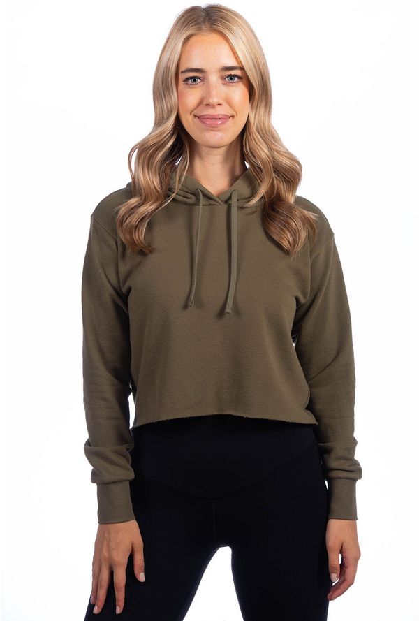 Am image of a Custom Next Level Ladies' Cropped Pullover Hooded Sweatshirt in Military Green!