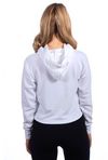 Am image of a Custom Next Level Ladies' Cropped Pullover Hooded Sweatshirt in Whtie!
