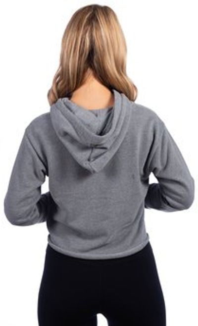 Am image of a Custom Next Level Ladies' Cropped Pullover Hooded Sweatshirt in Heather Gray!