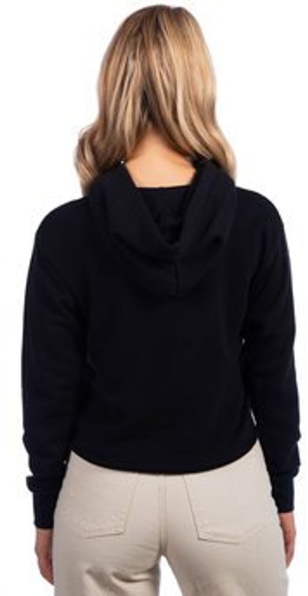 Am image of a Custom Next Level Ladies' Cropped Pullover Hooded Sweatshirt in Black!