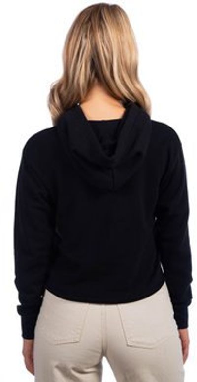 Am image of a Custom Next Level Ladies' Cropped Pullover Hooded Sweatshirt in Black!
