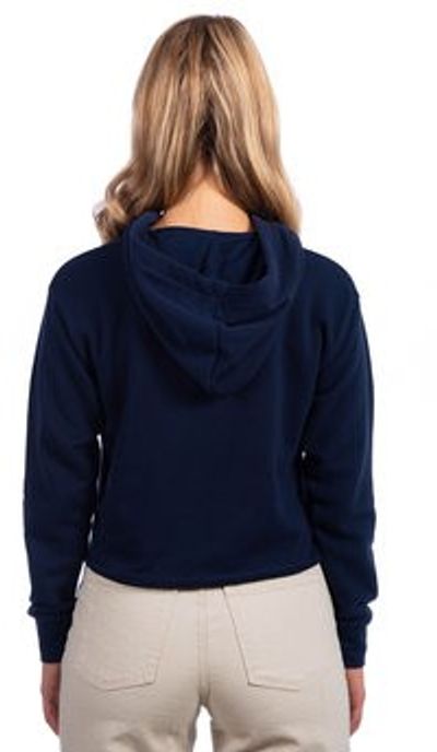 Am image of a Custom Next Level Ladies' Cropped Pullover Hooded Sweatshirt in Midnight Navy!