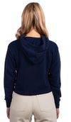 Am image of a Custom Next Level Ladies' Cropped Pullover Hooded Sweatshirt in Midnight Navy!