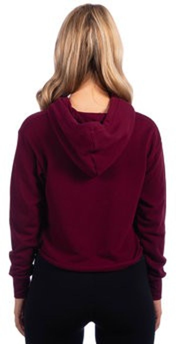 Am image of a Custom Next Level Ladies' Cropped Pullover Hooded Sweatshirt in Maroon!