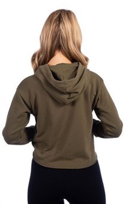 Am image of a Custom Next Level Ladies' Cropped Pullover Hooded Sweatshirt in Military Green!