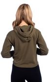Am image of a Custom Next Level Ladies' Cropped Pullover Hooded Sweatshirt in Military Green!
