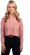 Am image of a Custom Next Level Ladies' Cropped Pullover Hooded Sweatshirt in Desert Pink!