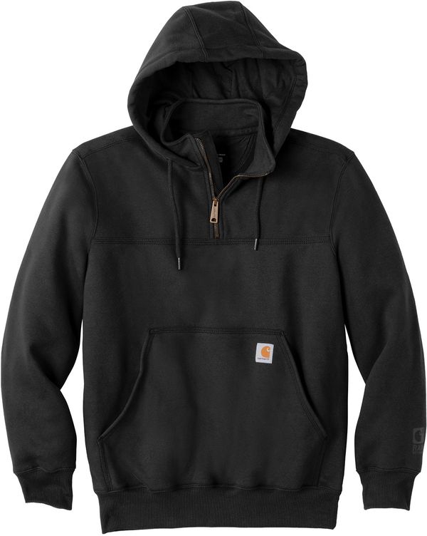 Am image of a Custom Carhartt Rain Defender Paxton Heavyweight Hooded Zip Mock Sweatshirt in Black!