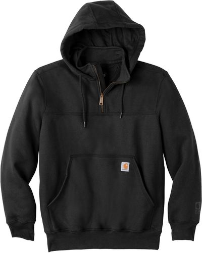 Am image of a Custom Carhartt Rain Defender Paxton Heavyweight Hooded Zip Mock Sweatshirt in Black!