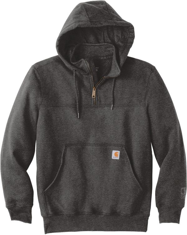 Am image of a Custom Carhartt Rain Defender Paxton Heavyweight Hooded Zip Mock Sweatshirt in Carbon Heather!