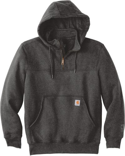 Am image of a Custom Carhartt Rain Defender Paxton Heavyweight Hooded Zip Mock Sweatshirt in Carbon Heather!