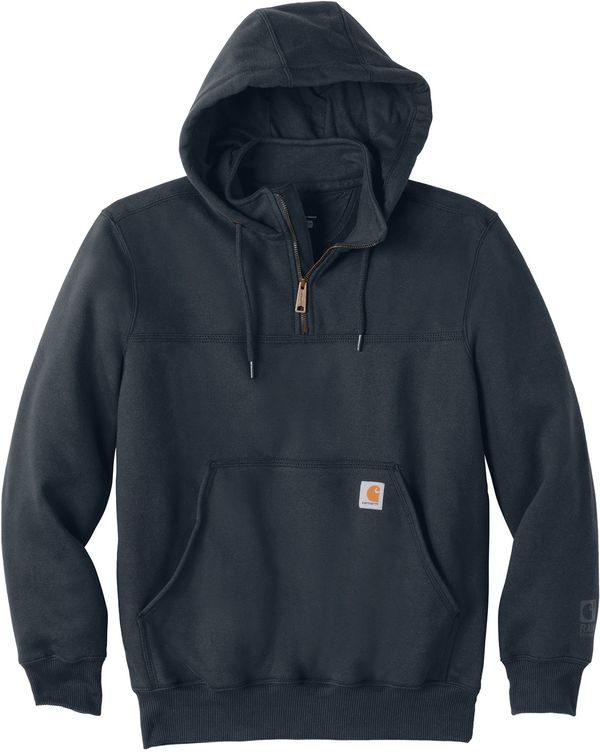 Am image of a Custom Carhartt Rain Defender Paxton Heavyweight Hooded Zip Mock Sweatshirt in New Navy!