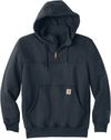 Am image of a Custom Carhartt Rain Defender Paxton Heavyweight Hooded Zip Mock Sweatshirt in New Navy!