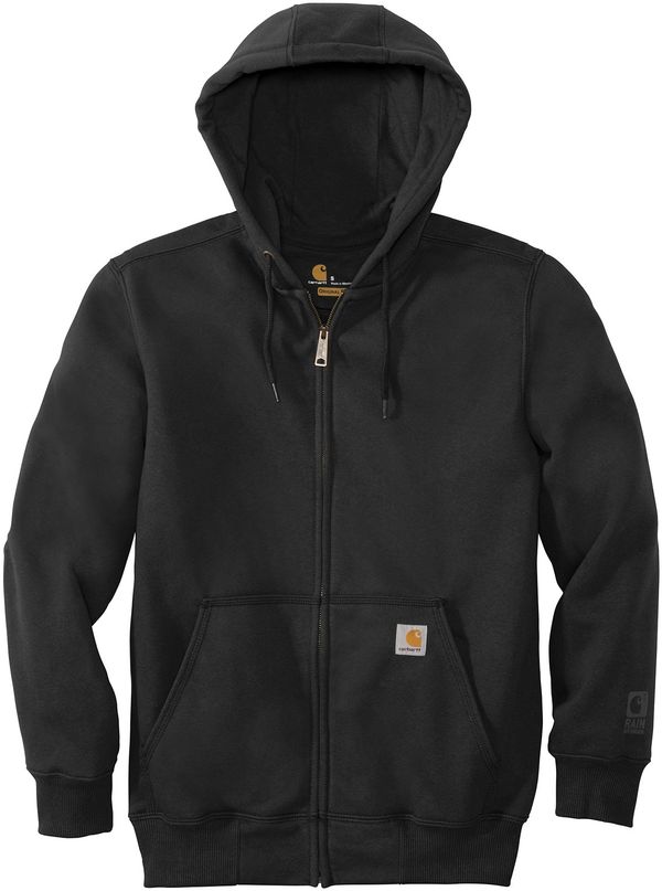 Am image of a Custom Carhartt Rain Defender Paxton Heavyweight Hooded Zip Front Sweatshirt in Black!