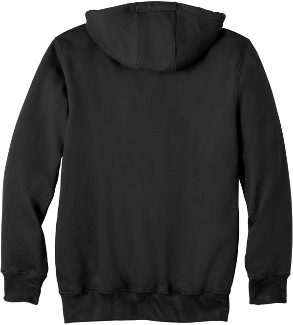 Am image of a Custom Carhartt Rain Defender Paxton Heavyweight Hooded Zip Front Sweatshirt in Black!
