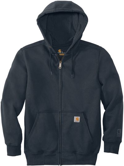 Am image of a Custom Carhartt Rain Defender Paxton Heavyweight Hooded Zip Front Sweatshirt in New Navy!