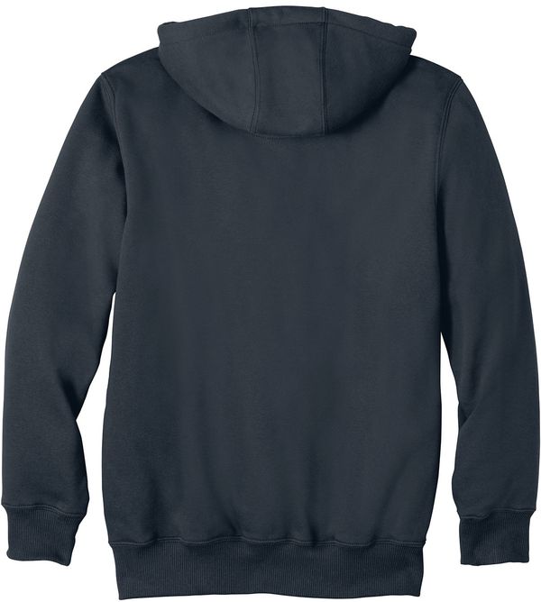 Am image of a Custom Carhartt Rain Defender Paxton Heavyweight Hooded Zip Front Sweatshirt in New Navy!