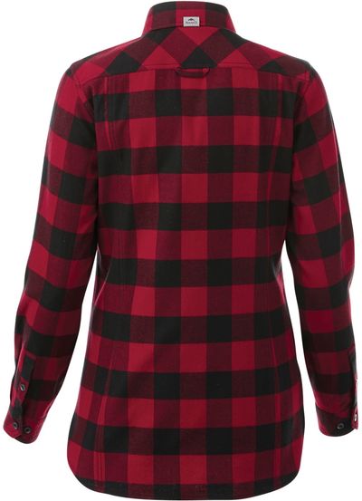 Am image of a Custom Roots73 Womens Spruce Lake Long Sleeve Shirt in Dark Red/Black!