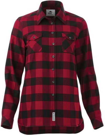 Am image of a Custom Roots73 Womens Spruce Lake Long Sleeve Shirt in Dark Red/Black!