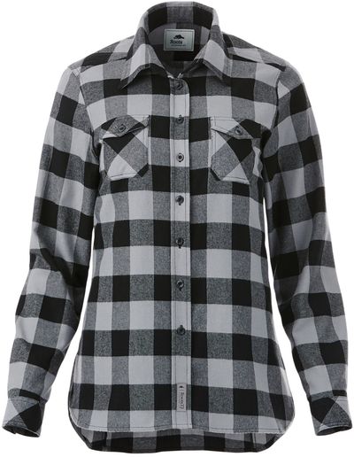 Am image of a Custom Roots73 Womens Spruce Lake Long Sleeve Shirt in Quarry/Black!