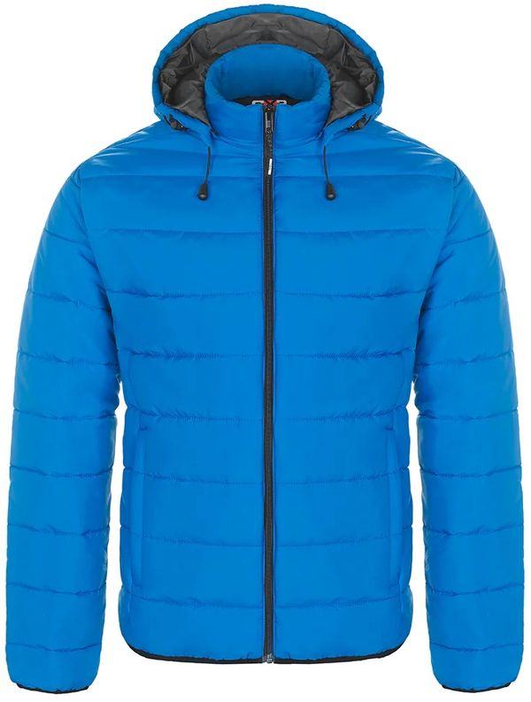 Am image of a Custom CX2 Glacial Mens Puffy Jacket with Detachable Hood in Blue!