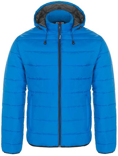 Am image of a Custom CX2 Glacial Mens Puffy Jacket with Detachable Hood in Blue!
