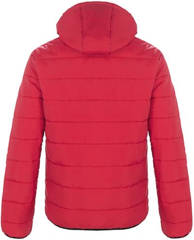 Am image of a Custom CX2 Glacial Mens Puffy Jacket with Detachable Hood in Red!