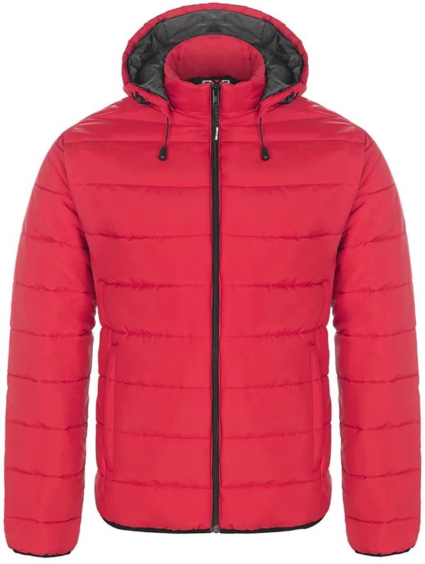 Am image of a Custom CX2 Glacial Mens Puffy Jacket with Detachable Hood in Red!