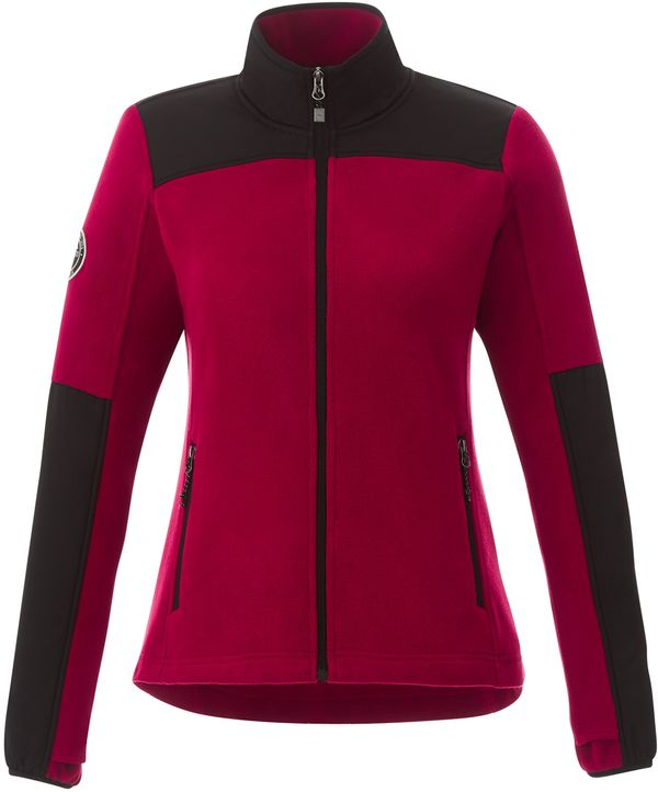 Am image of a Custom Roots73 Womens Briggspoint Micro Fleece Jacket in Dark Red/Black!