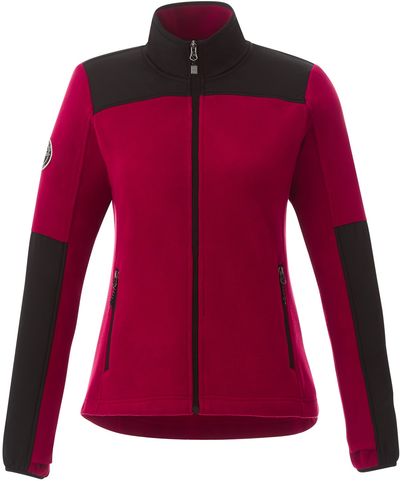 Am image of a Custom Roots73 Womens Briggspoint Micro Fleece Jacket in Dark Red/Black!