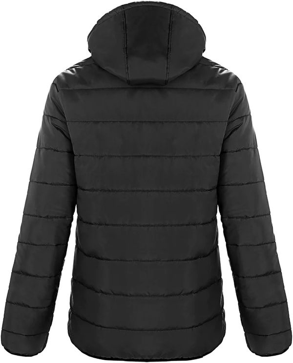 Am image of a Custom CX2 Glacial Ladies Puffy Jacket with Detachable Hood in Black!