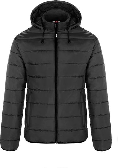 Am image of a Custom CX2 Glacial Ladies Puffy Jacket with Detachable Hood in Black!