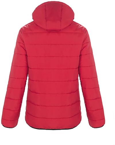 Am image of a Custom CX2 Glacial Ladies Puffy Jacket with Detachable Hood in Red!