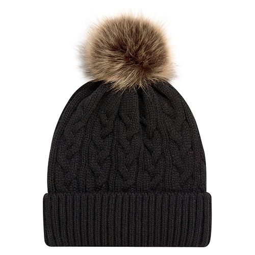 AJM Faux Fur Pom Pom Cuff Toque in Black/Beige
