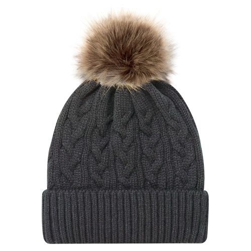 AJM Faux Fur Pom Pom Cuff Toque in Charcoal/Beige