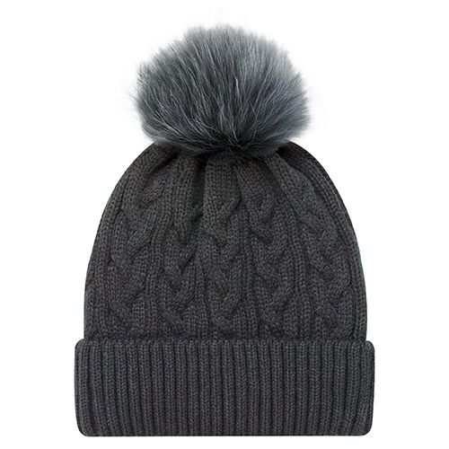 AJM Faux Fur Pom Pom Cuff Toque in Charcoal/Charcoal