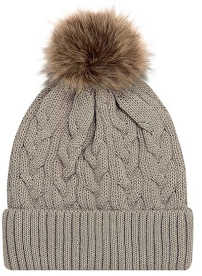 Am image of a Custom AJM Faux Fur Pom Pom Cuff Toque in Oatmeal/Beige!