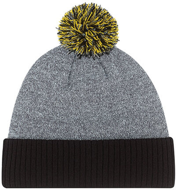 Am image of a Custom AJM Acrylic Cuff Multi Coloured Pom Pom Toque in Black/Gold!