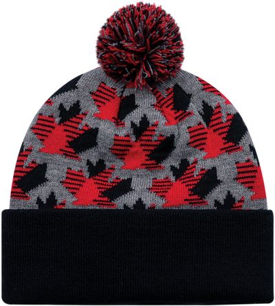 Am image of a Custom Acrylic Cuff Toque Maple Leaf in Black/Slate/Red!